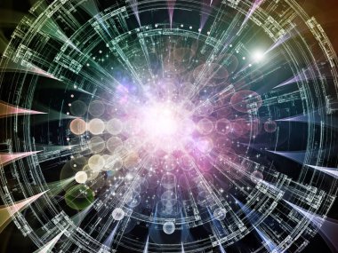 Eğitim, modern teknoloji, bilim ve sanal gerçeklik konularındaki fraktal disk ve soyut yapıların 3 boyutlu çizimi.