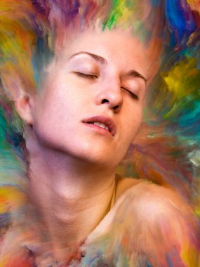 Dünya serisi. Duygular, duygular, iç dünya, yaratıcılık ve hayal gücü konularında kadın portresiyle birleştirilmiş soyut tasarım.