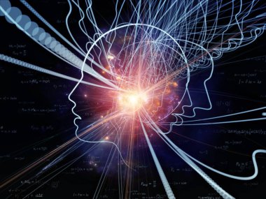 Düşünme serisinin yörüngeleri. İnsan kafasının 3 boyutlu yorumlanması ve teknoloji ve eğitim konusunun ana hatları.