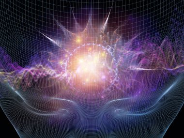 Zihin dalgası serisi. Bilinç, akıl, düşünce ve iç dünya üzerine soyut ışık dalgalarıyla insan yüzünün kablo çerçevesi..