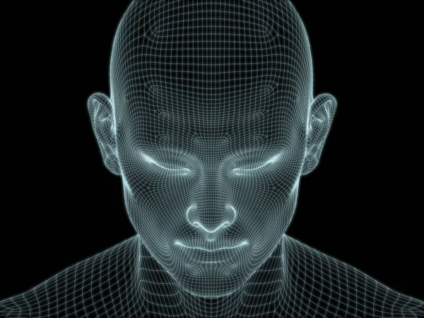 人間の顔をクローズアップ3D技術 コンピュータサイエンスのイラストで使用するためのワイヤメッシュのレンダリング — ストック写真