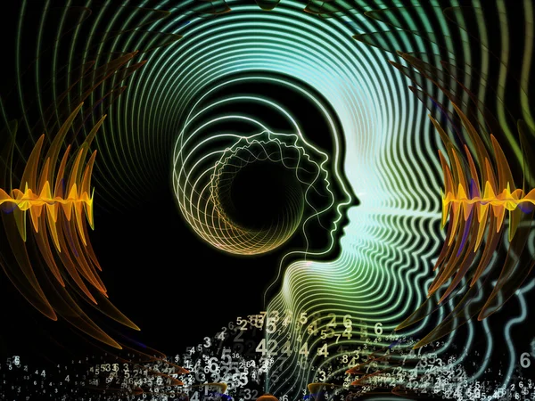 Human face illustration with radiating waves on the subject of thinking, mind, science and modern technology