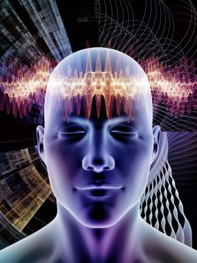 Vibrant Minds serisi. İnsan kafasının arka planı ve yapay zeka, düşünme kalıpları, eğitim ve modern teknoloji üzerine çeşitli fraktal dalga kalıpları.