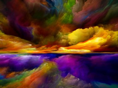 Renkli Vistas. Gerçekliğe Kaçış dizisi. Manzara resmi, hayal gücü, yaratıcılık ve sanat konularındaki tasarımları tamamlamak için gerçeküstü gün batımı renklerinin ve dokuların arkaplanı