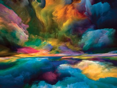 Ahiret Bulutları. Gerçekliğe Kaçış dizisi. Günbatımında gerçeküstü güneş ışığı renklerinden ve manzara resmi, hayal gücü, yaratıcılık ve sanatla ilgili dokulardan oluşan soyut bir tasarım.