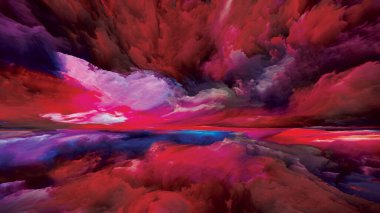 Işık bulutları. Gerçekliğe Kaçış dizisi. Sahne resmi, hayal gücü, yaratıcılık ve sanat temasında gerçeküstü gün batımı renkleri ve dokularının kompozisyonu