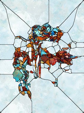 Renk inancı. Lekeli Camların Haçı serisi. İsa ve Doğa 'nın çarmıha gerilmesinin parçalanmış birliği için organik kilise pencere desenlerinin etkileşimi