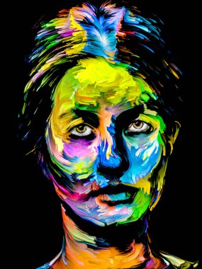 Renkli Kadın serisi. Yaratıcılık, hayal gücü ve sanat konularında soyut desenli genç kadın portresi.