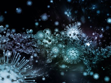 Coronavirus Mantığı. Viral Salgın Serisi. Virüs, salgın, enfeksiyon, hastalık ve sağlık konuları için 3D Coronavirus parçacıkları ve mikro uzay elementleri