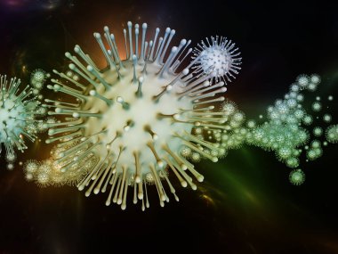 Coronavirus Araştırma. Viral Salgın Serisi. Coronavirus parçacıkları ve mikro uzay elementlerinin virüs, salgın hastalık, enfeksiyon, hastalık ve sağlıkla ilgili projelerde 3D çizimi