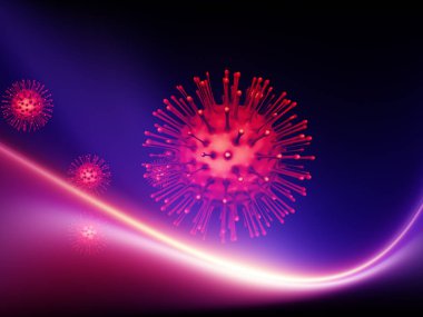 Viral enfeksiyon, Coronavirüs salgını, tıp ve sağlık konularında 3 boyutlu kırmızı viral parçacıkların ve eğri ışık ışınlarının oluşturulması