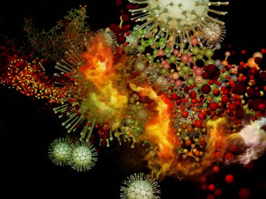 Viral cisimler ve mikro ortam veya bağışıklık sisteminin etkileşimi konusunda üç boyutlu Coronavirus virüsü parçacıklarının ve üç boyutlu soyut elementlerin üç boyutlu oluşturulması