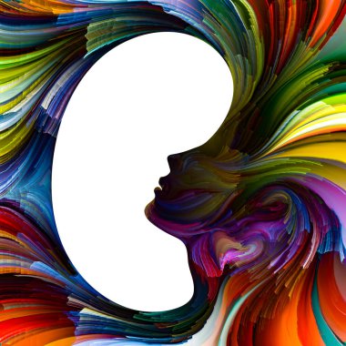 Duygusal Palet serisi. İç mekan. Hayal gücü, yaratıcılık ve iç dünya konularında kadın siluetlerinin canlı renklerinin soyut tablosu.