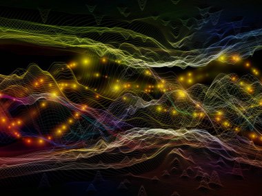 Sanal Evren. Sanal Dalga serisi. Veri transferi konusunda yatay sinüs dalgaları ve ışık parçacıklarının düzenlenmesi, sanal, yapay, matematiksel gerçeklik.