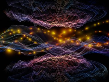 Veri Alanı Sanal Dalga serisi. Veri transferi teması üzerine yatay sinüs dalgaları ve ışık parçacıklarının bileşimi, sanal, yapay, matematiksel gerçeklik.