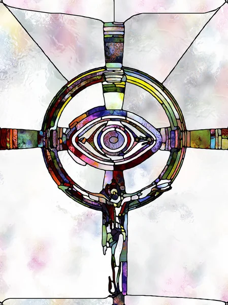 Textur Des Glaubens Kreuz Der Glasmalerei Zusammenspiel Organischer Kirchenfenster Farbmuster — Stockfoto