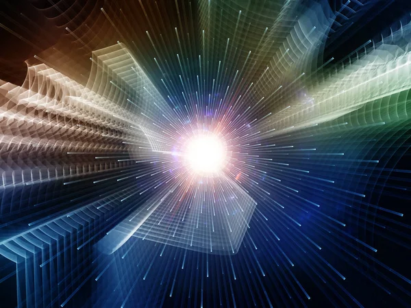 3D Illustration of abstract burst, fractal distorted gears and lights ...