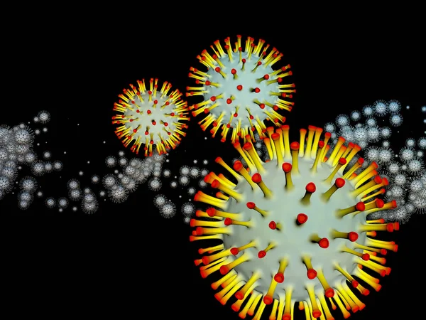 コロナウイルスロジック ウイルス感染症シリーズ ウイルス 健康をテーマにしたコロナウイルス粒子と微小空間要素の3Dイラスト — ストック写真