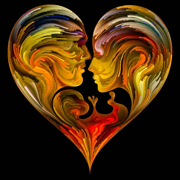 Soul Mates series. Male, female and fetus outlines joined into heart shape symbol with brushstrokes of digital paint. Illustration on subject of love, parenthood, marriage and family.