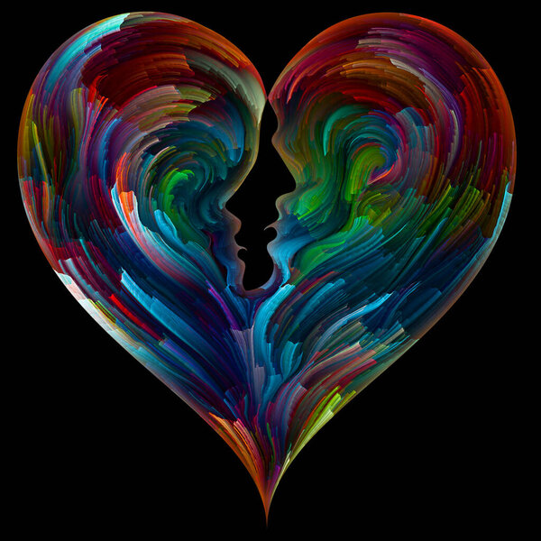 "Soul Mates". Силуэты мужского и женского лица, интегрированные в символ формы сердца с мазками кисти цифровой краски. Иллюстрация на тему любви, романтики, брака и семьи
.