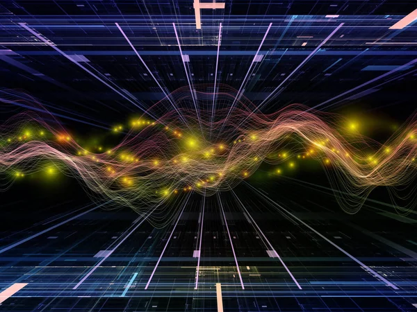 虚拟现实 虚拟浪潮系列 水平正弦波和光粒子的组成与数据传输 数学实相联系 — 图库照片