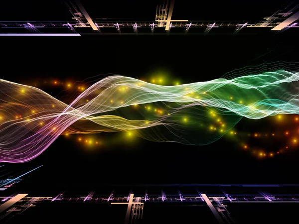 仮想現実 仮想波シリーズ データ転送 数学的現実に関連して水平正弦波と光粒子の構成 — ストック写真