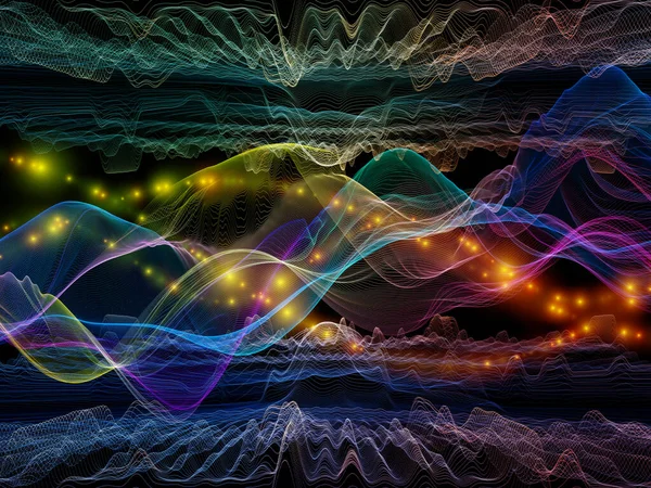 バーチャル ユニバース 仮想波シリーズ データ転送 仮想的 人工的 数学的現実の対象に対する水平正弦波及び光粒子の配置 — ストック写真