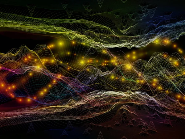 虚拟宇宙虚拟浪潮系列 水平正弦波和光粒子在数据传输 数学现实中的排列 — 图库照片