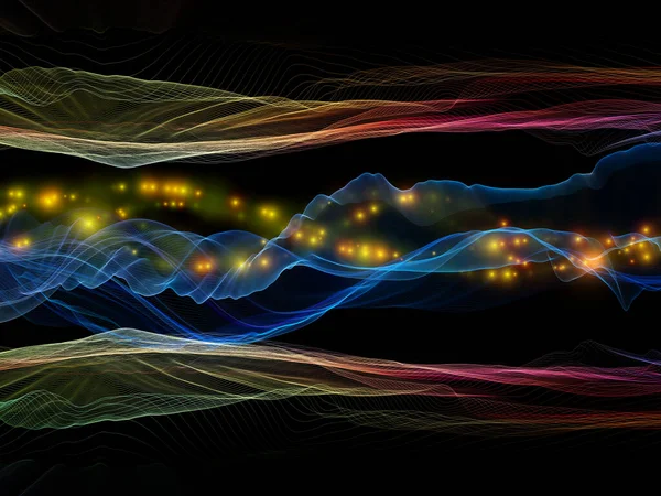 数据空间 虚拟浪潮系列 以数据传输 数学现实为主题的水平正弦波和光粒子的组成 — 图库照片