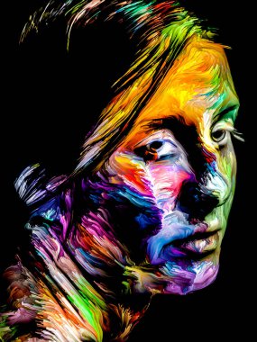 Renk serisi insanları. Yaratıcılık, hayal gücü ve sanat konularında genç bir kadının renkli soyut portresi.