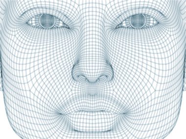 İnsan kafası ve yüzünün üç boyutlu görüntülenmesi illüstrasyon ve tasarım için tel örgüsü olarak kullanılacak