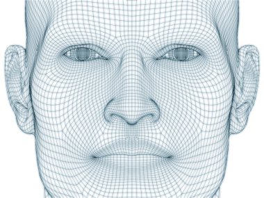 İnsan kafası ve yüzünün üç boyutlu görüntülenmesi illüstrasyon ve tasarım için tel örgüsü olarak kullanılacak
