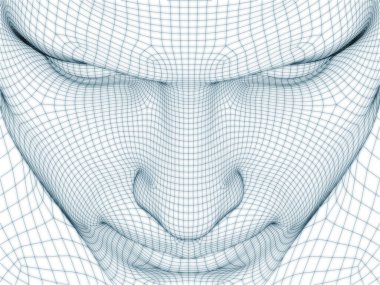 İnsan kafası ve yüzünün üç boyutlu görüntülenmesi illüstrasyon ve tasarım için tel örgüsü olarak kullanılacak