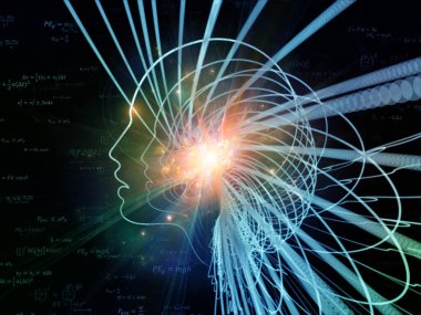 Düşünme serisinin yörüngeleri. İnsan kafasının 3 boyutlu yorumlanması ve teknoloji ve eğitim konusunun ana hatları.