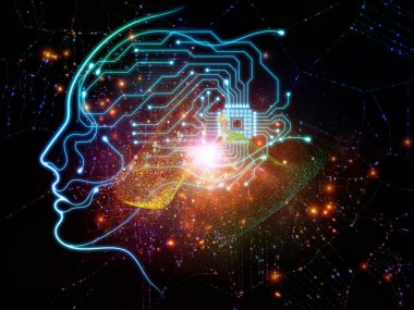 Sanal zihin serisi. İnsan kafası yapay zeka, modern teknolojiler ve bilgisayar bilimi konularında CPU bileşenleriyle bütünleşti.