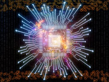 Bilgisayar bilimi ve modern teknoloji üzerine rakamlar ve işlemci kompozisyonu