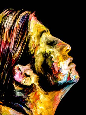 Renk serisi insanları. Yaratıcılık, hayal gücü ve sanat konularında genç bir kadının renkli ve soyut portresi.