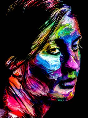 Renk serisi insanları. Yaratıcılık, hayal gücü ve sanat konularında genç bir kadının renkli soyut portresi.