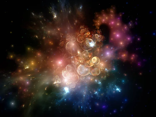 3D illustration of fractal spheres and lights on the subject of elementary particle creation, space physics, astrophysics, education and virtual reality.