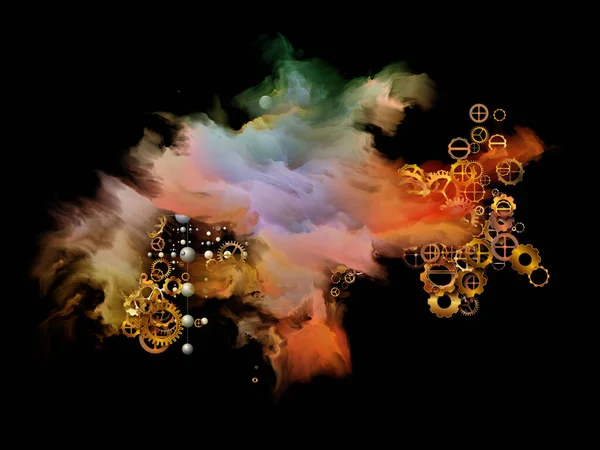 Série Cloud Networking Composição Engrenagens Símbolos Moléculas Fumaça Colorida Sobre — Fotografia de Stock