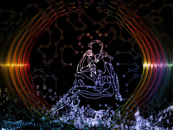 Иллюстрация человеческой фигуры с излучающими волнами на тему мышления, ума, науки и современных технологий