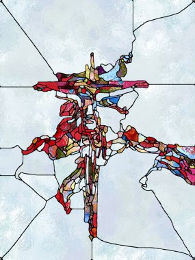Renk inancı. Lekeli Camların Haçı serisi. İsa ve Doğa 'nın çarmıha gerilmesinin parçalanmış birliği için organik kilise pencere desenlerinin etkileşimi