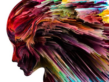 Rahatsız edici Düşünceler serisi. İnsan yüzü siluetinde hareketli renkli boya. İç dünya, zihin, psikoloji, depresyon, anksiyete, zihinsel hastalık, yaratıcılık ve soyut sanat konularındaki sanat çalışmaları.