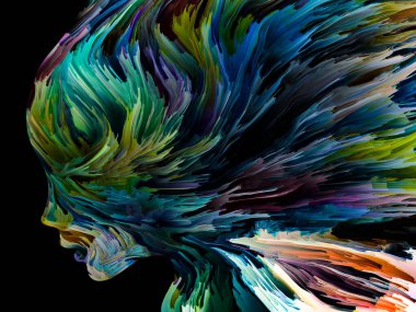 Rahatsız edici Düşünceler serisi. İnsan yüzü siluetinin içinde hareket halindeki kalın boya. İç dünya, zihin, psikoloji, depresyon, anksiyete, zihinsel hastalık, yaratıcılık ve soyut sanat konularındaki sanat çalışmaları.