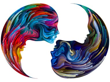 Ruh Eşleri serisi. Belirgin erkek ve kadın yüz hatları ve negatif siluetler, dijital boya fırça darbelerinin yin yang şeklindeki bir sembolü olarak birleşti. Doğadaki aşk, romantizm, sanat ve güçler üzerine illüstrasyon.