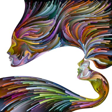 Duygusal Palet serisi. İleri Kuvvet. Özgürlük, hayal gücü, yaratıcılık ve iç dünya konularında kadın siluetlerinin canlı renklerinin soyut tablosu.