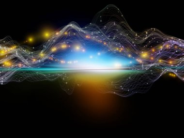 Veri Alanı Sanal Dalga serisi. Veri transferi, sanal, yapay, matematiksel gerçeklik projeleri için yatay sinüs dalgaları ve ışık parçacıklarının bileşimi.