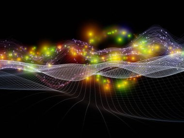 Uzay Geometrisi. Sanal Dalga serisi. Veri transferi, sanal, yapay, matematiksel gerçeklik için yatay sinüs dalgaları ve ışık parçacıklarının arkaplan tasarımı.