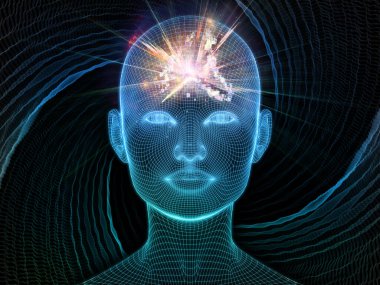 Parlak Düşünce. Bilinçli Zihin serisi. Yapay zeka, insan bilinci ve manevi yapay zeka için 3 boyutlu parlayan tel örgü insan yüzü bileşimi
