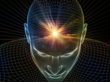 Parlak Düşünce. Bilinçli Zihin serisi. Yapay zeka, insan bilinci ve manevi yapay zeka için 3 boyutlu parlayan tel örgü insan yüzü bileşimi